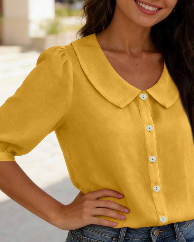 Belladonna Women's Linen-Look Blouse – Peter Pan Collar Puff Sleeve Casual Summer Shirt