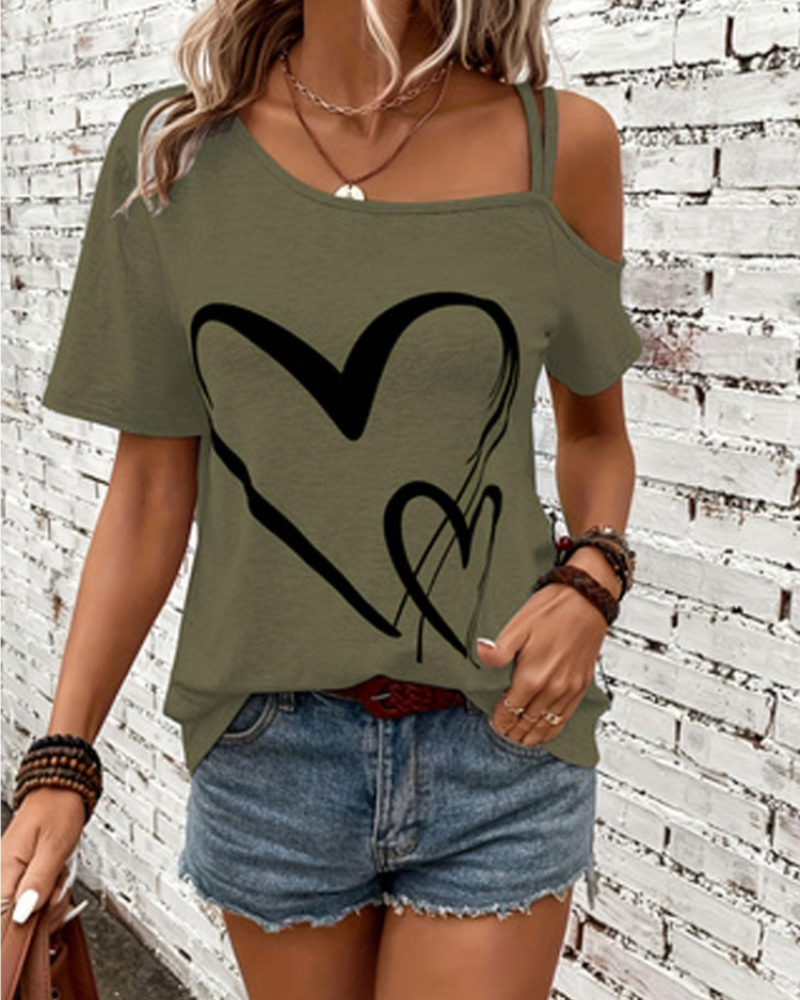 Bailey Women's One-Shoulder Top – Love Print Short Sleeve Casual Summer Blouse