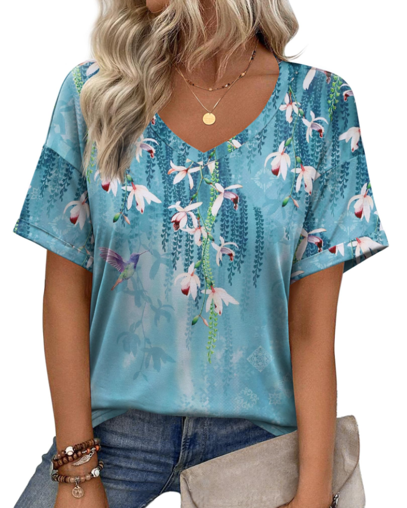 Elena Women's V-Neck Tunic Top – Casual Printed Summer T-Shirt Blouse