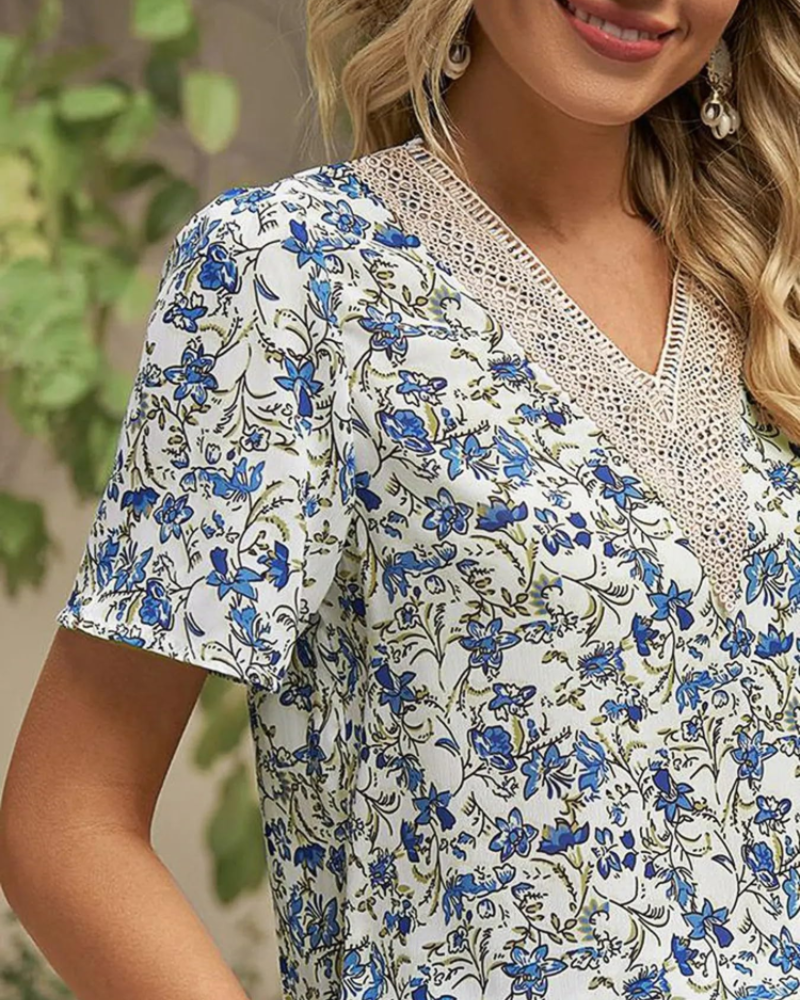 Faline Women's Floral Chiffon Blouse – V-Neck Lace Trim Short Sleeve Summer Top