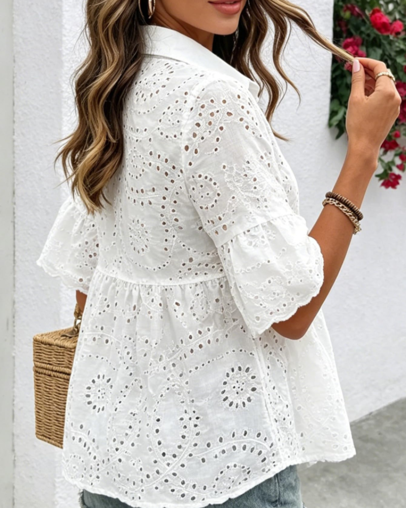 Bethsaida Women's Eyelet Blouse – Ruffle Sleeve Embroidered Peplum Button Collar Top