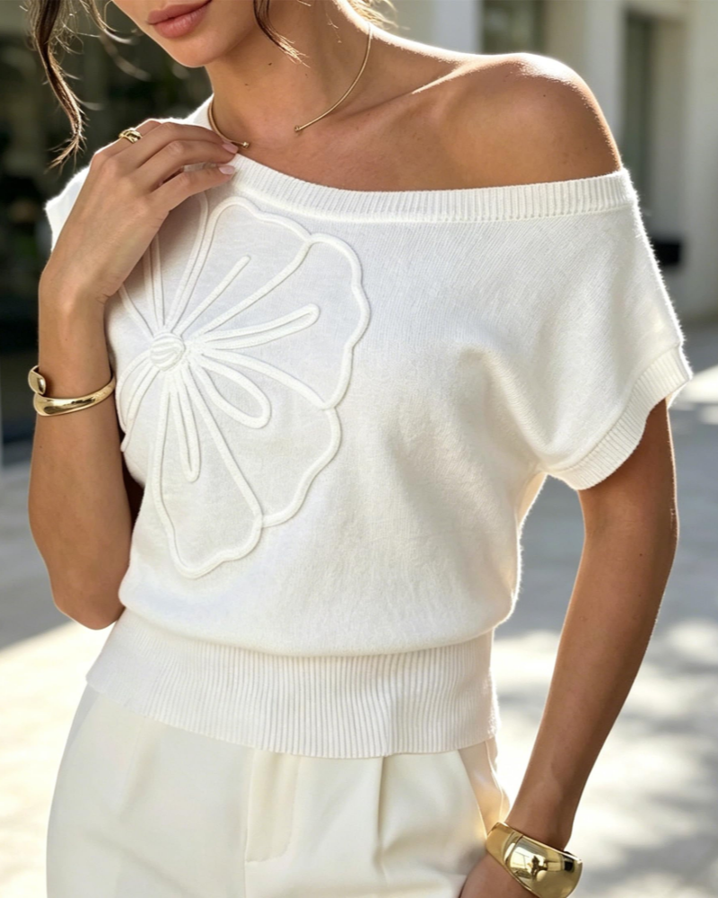 Bevin Women's One-Shoulder Knit Top – Batwing Sleeve Flower Cropped Summer Blouse