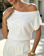 Bevin Women's One-Shoulder Knit Top – Batwing Sleeve Flower Cropped Summer Blouse