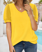Florina Women's Swiss Dot Blouse – V-Neck Puff Sleeve Casual Summer Top Loose Fit