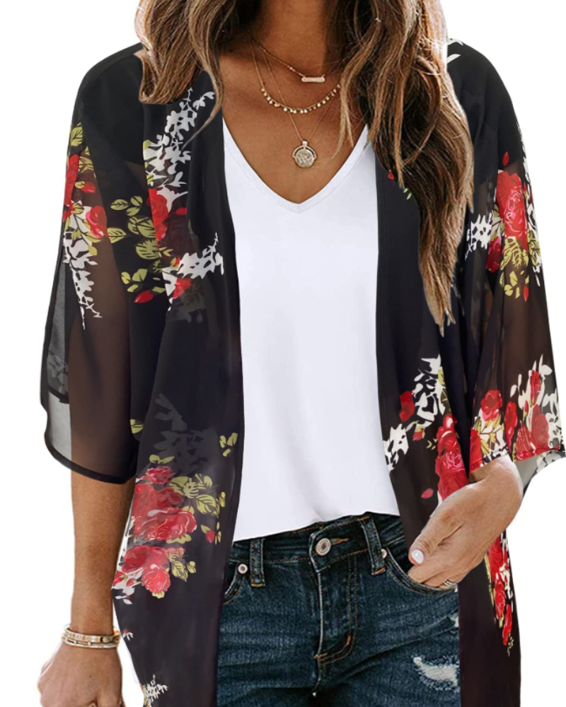 Bianca Women's Boho Kimono Cardigan – Floral Chiffon Beach Cover Up