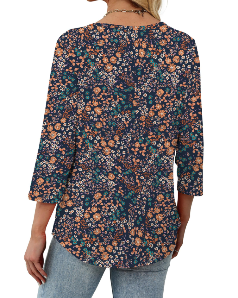 Camille Women's V-Neck Blouse – 3/4 Sleeve Pleated Summer Top Casual Beach Shirt