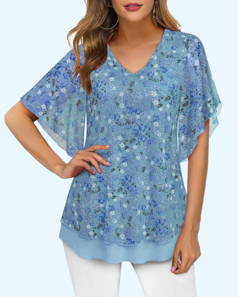 Breelyn Women's Mesh Blouse – Double Layer V-Neck Flounce Sleeve Elegant Summer Top