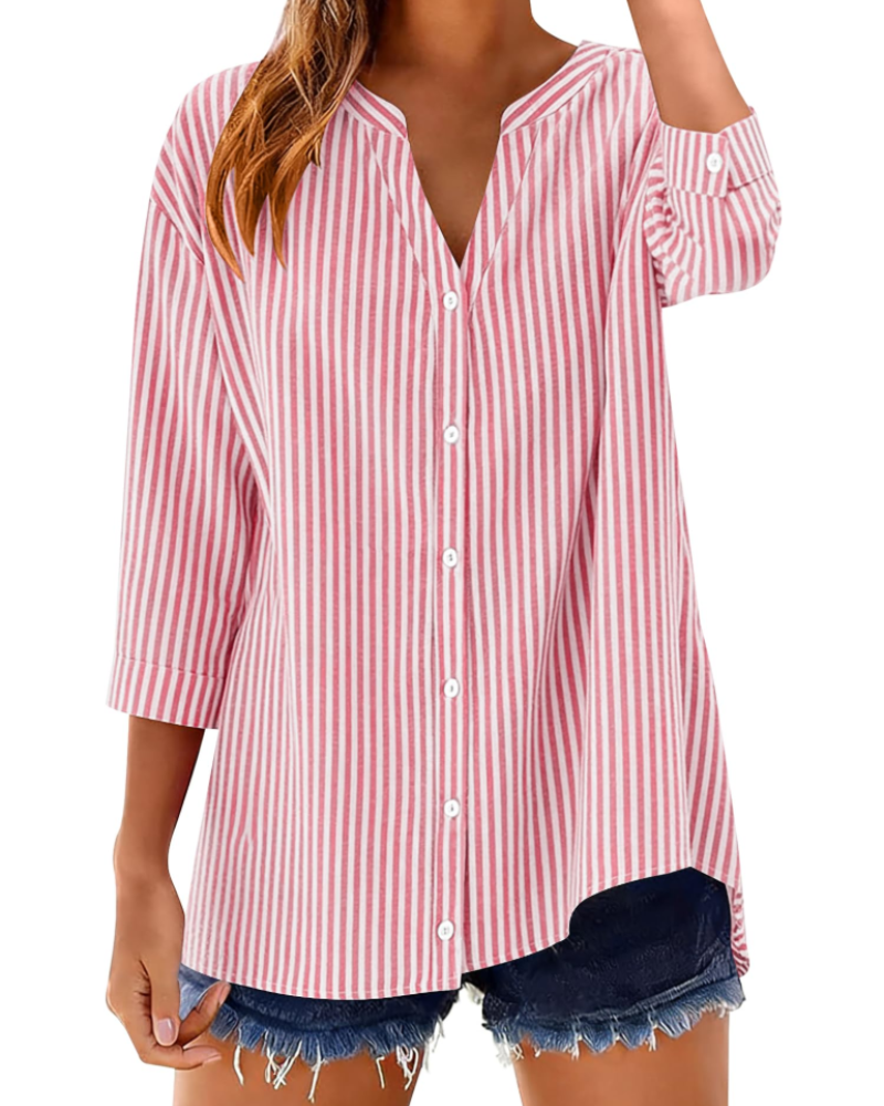Sophie Women's Cotton Button Down Blouse – 3/4 Sleeve V-Neck Plaid Shirt