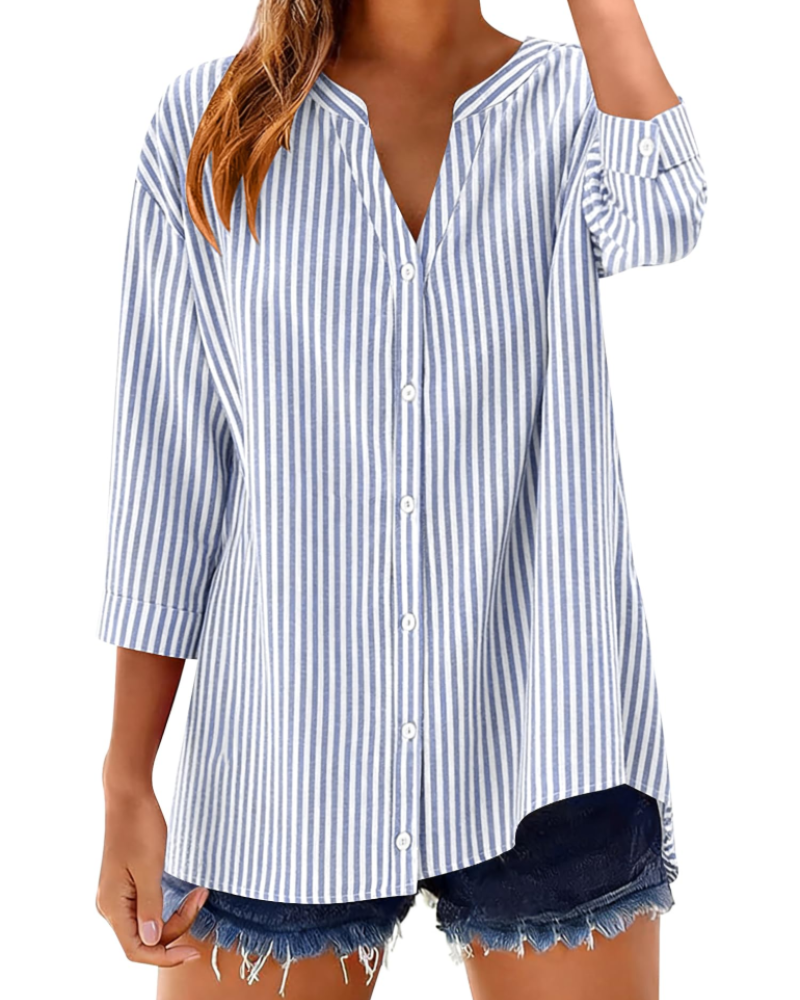 Sophie Women's Cotton Button Down Blouse – 3/4 Sleeve V-Neck Plaid Shirt