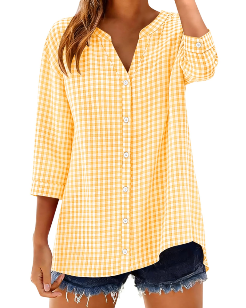 Sophie Women's Cotton Button Down Blouse – 3/4 Sleeve V-Neck Plaid Shirt