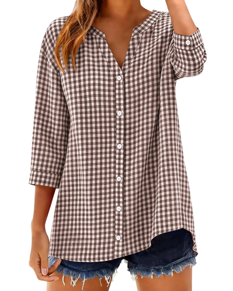 Sophie Women's Cotton Button Down Blouse – 3/4 Sleeve V-Neck Plaid Shirt