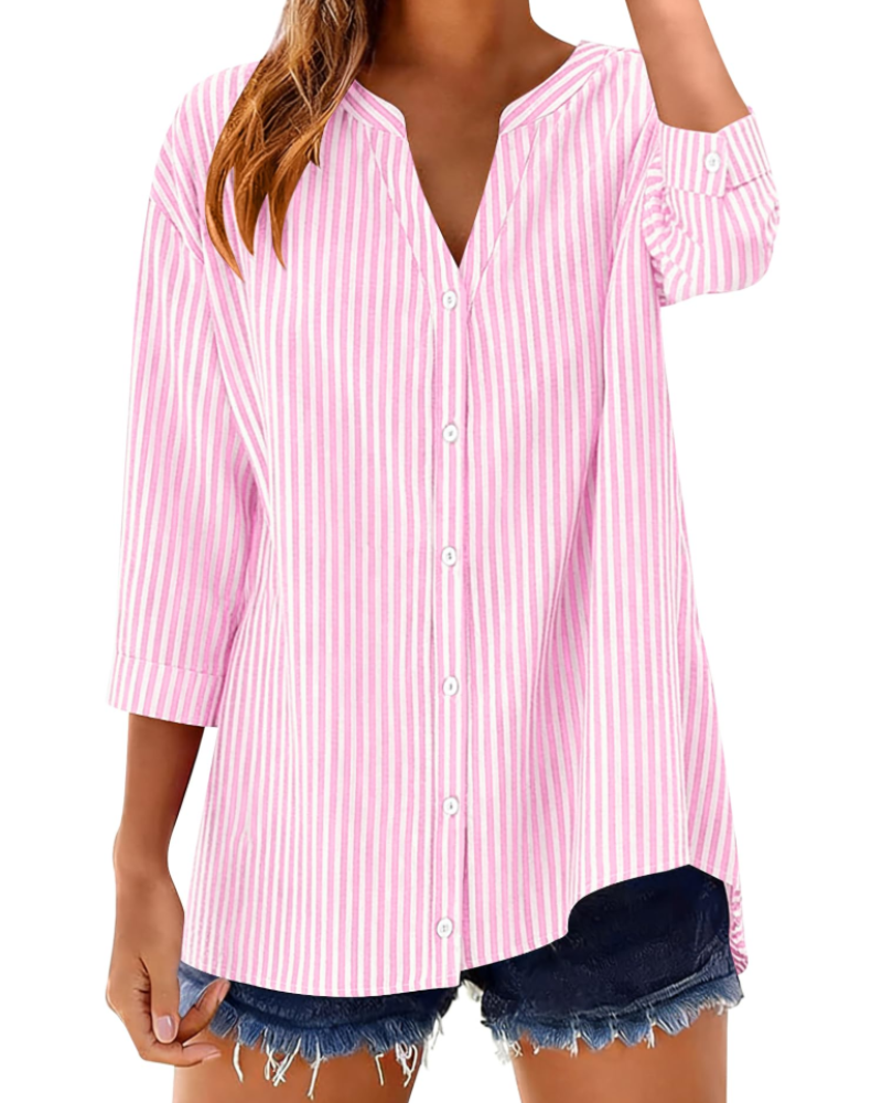 Sophie Women's Cotton Button Down Blouse – 3/4 Sleeve V-Neck Plaid Shirt