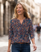 Camille Women's V-Neck Blouse – 3/4 Sleeve Pleated Summer Top Casual Beach Shirt