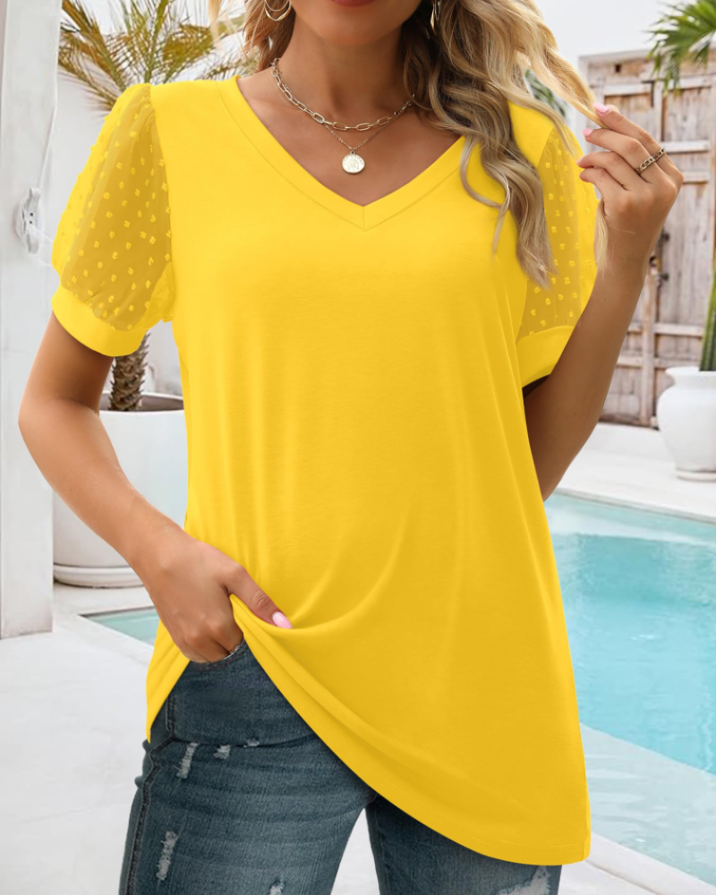 Florina Women's Swiss Dot Blouse – V-Neck Puff Sleeve Casual Summer Top Loose Fit