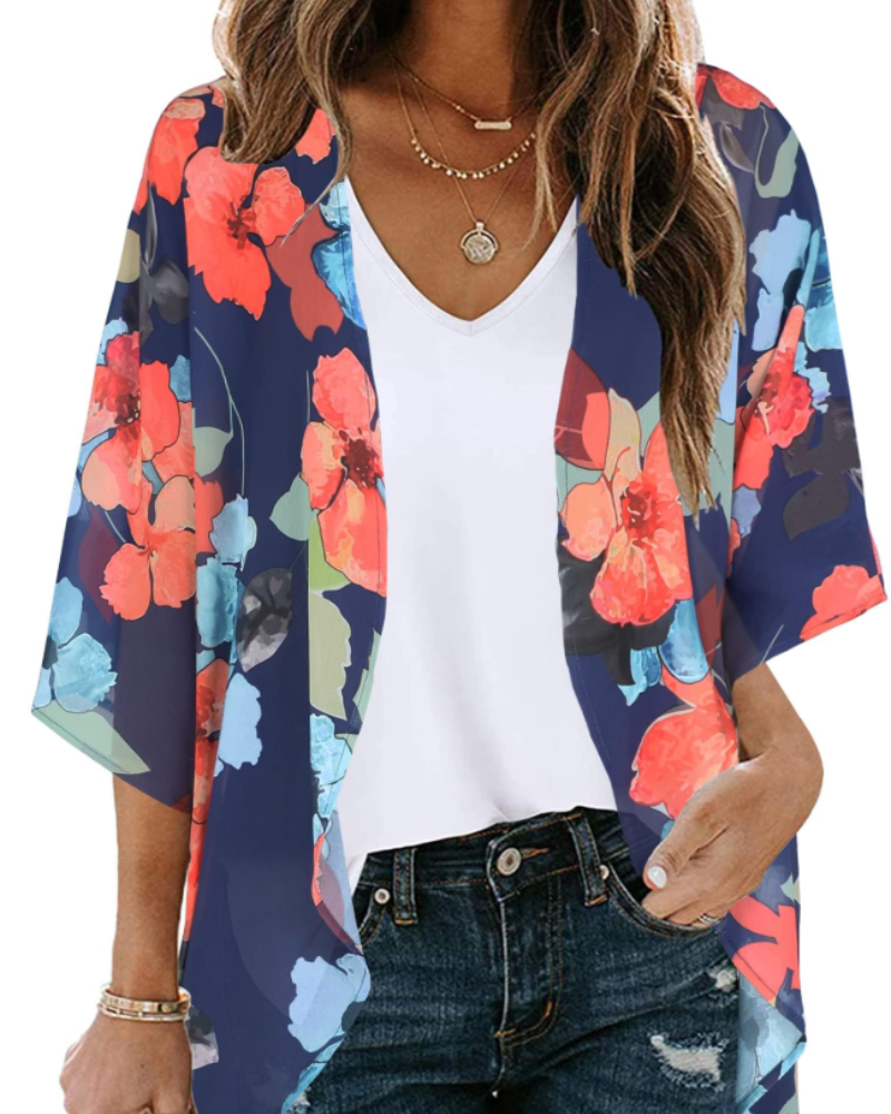 Bianca Women's Boho Kimono Cardigan – Floral Chiffon Beach Cover Up