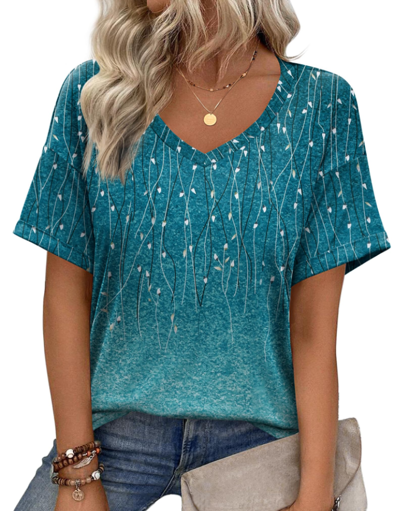 Elena Women's V-Neck Tunic Top – Casual Printed Summer T-Shirt Blouse