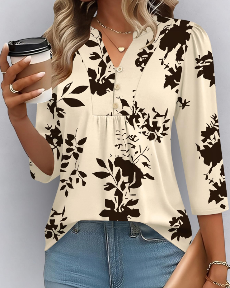 Hailey Women's Boho Blouse – V-Neck 3/4 Sleeve Pleated Casual Summer Top