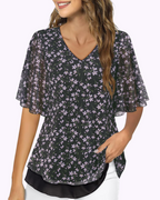 Bonnie Women's Mesh Blouse – Double Layer V-Neck Flounce Sleeve Elegant Summer Top