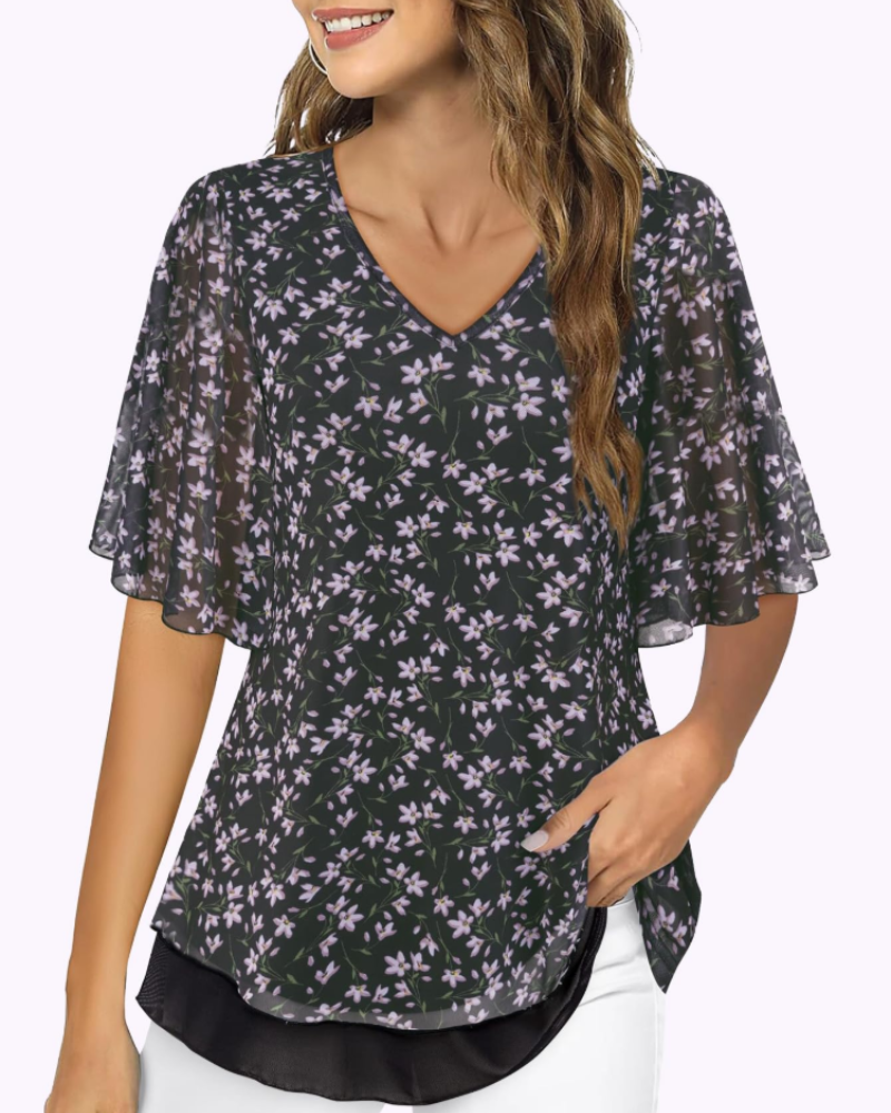 Bonnie Women's Mesh Blouse – Double Layer V-Neck Flounce Sleeve Elegant Summer Top