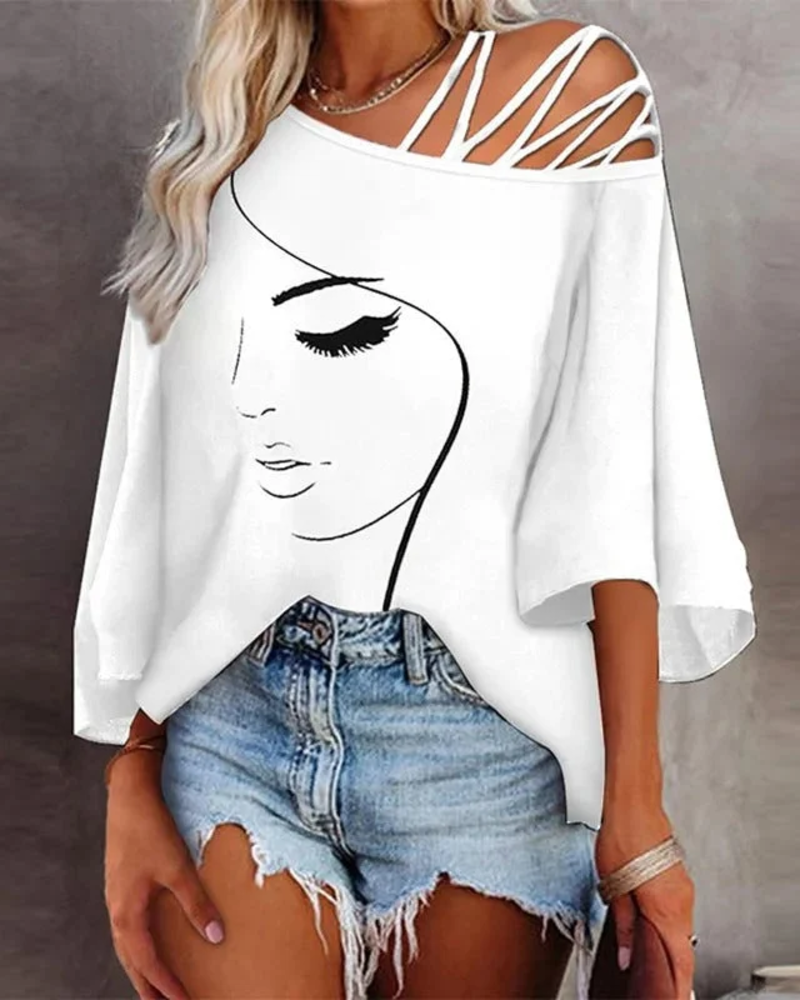 Lysandra Women's Off-Shoulder Blouse – Artistic Print Asymmetric Summer Top