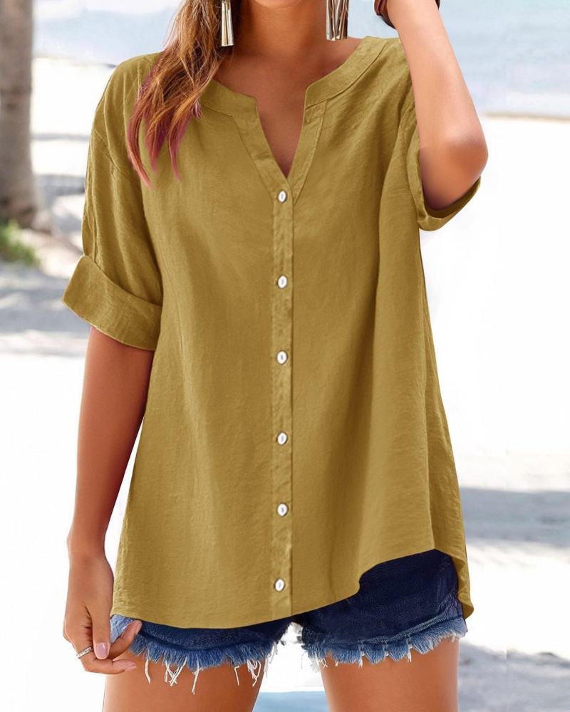Bayla Women's Cotton Shirt – V-Neck Button-Down Roll-Up Sleeve Casual Blouse