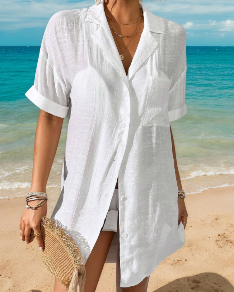 Brenda Women's Linen Shirt – Short Sleeve Collared Button Front Summer Blouse with Pocket