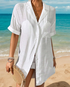 Brenda Women's Linen Shirt – Short Sleeve Collared Button Front Summer Blouse with Pocket