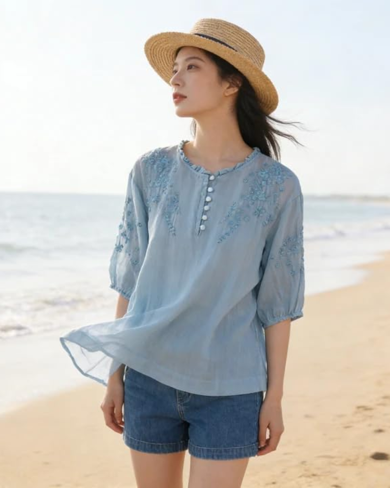 Brightyn Women's Cotton Peasant Blouse – Floral Embroidered 3/4 Sleeve Boho Linen Shirt
