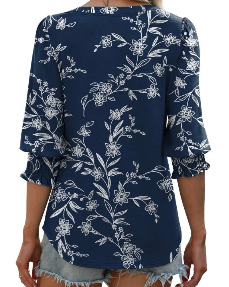 Isabella Women's V-Neck Blouse – 3/4 Sleeve Top with Smocked Cuffs Casual Elegant Fit