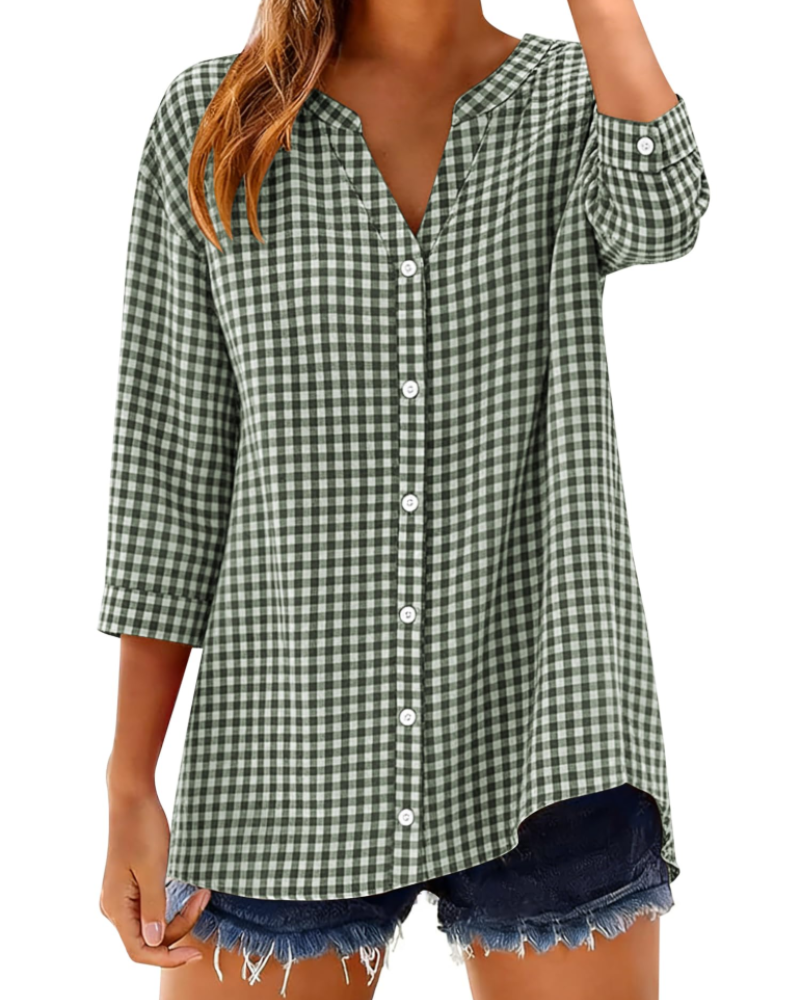 Sophie Women's Cotton Button Down Blouse – 3/4 Sleeve V-Neck Plaid Shirt