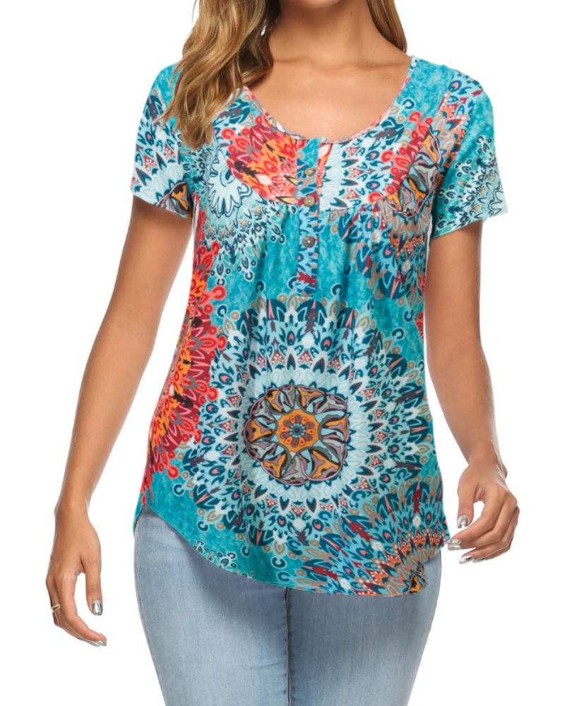 Florinda Women's Pleated Tunic Top – V-Neck Short Sleeve Casual Summer Blouse