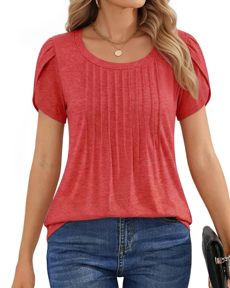 Fedora Women's Pleated Blouse – Petal Sleeve Round Neck Casual Summer Tunic Top