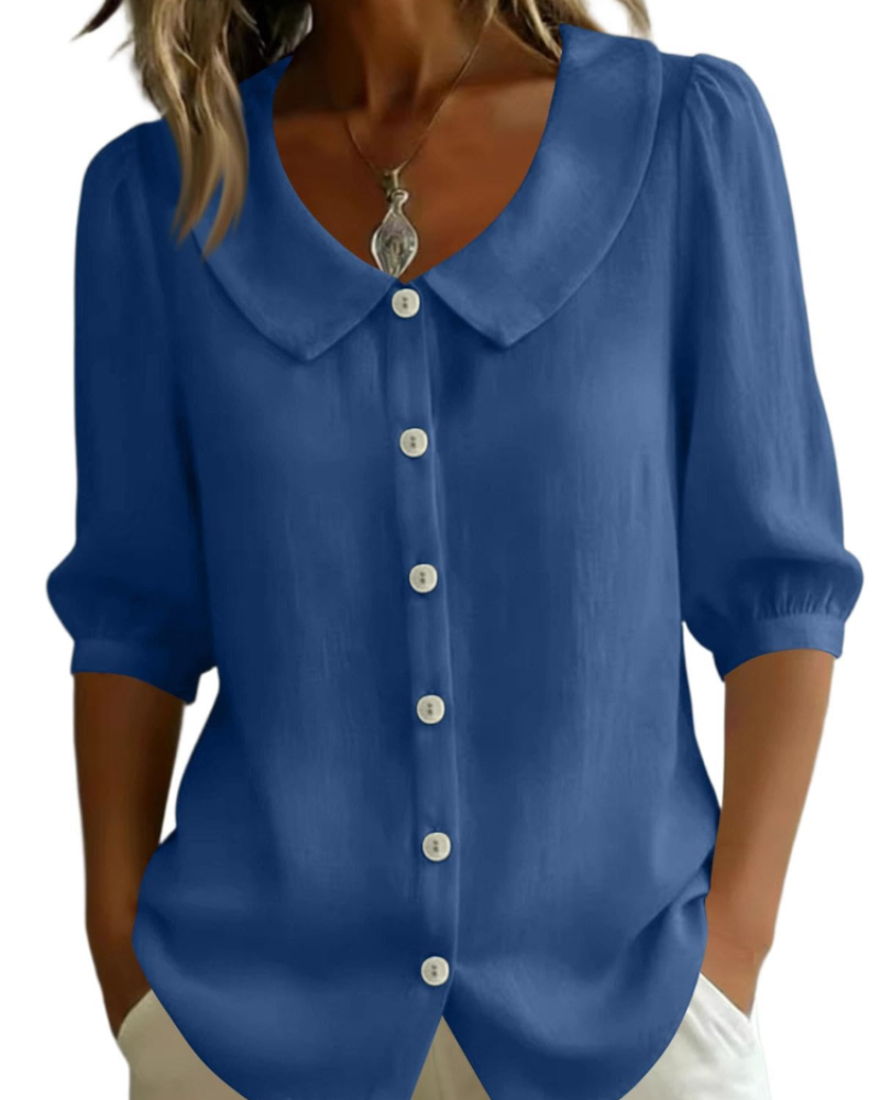 Belladonna Women's Linen-Look Blouse – Peter Pan Collar Puff Sleeve Casual Summer Shirt