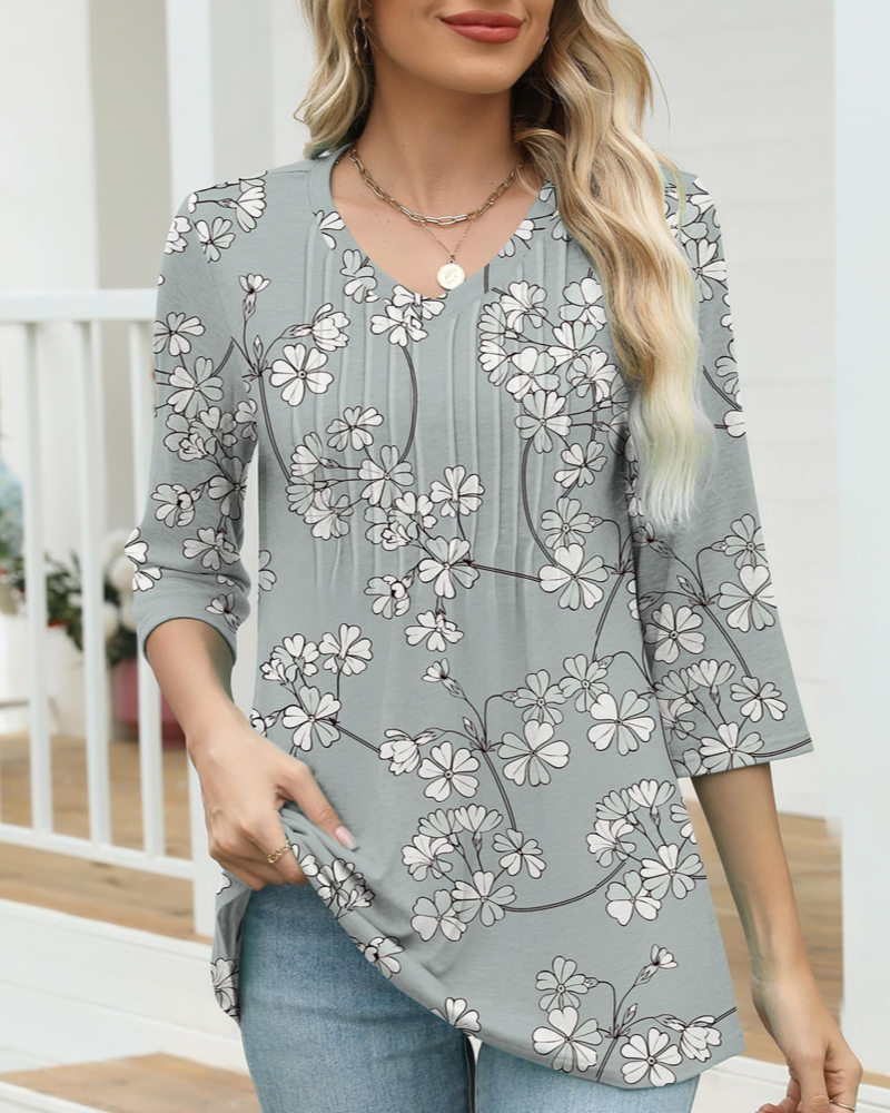 Blair Women's V-Neck Blouse – 3/4 Sleeve Pleated Casual Summer Top Loose Fit