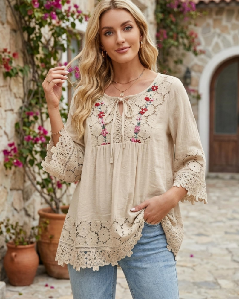 Delilah Women's Boho Blouse – Floral Embroidered V-Neck Top with Bell Sleeves