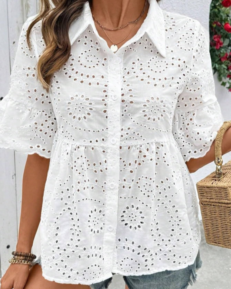 Bethsaida Women's Eyelet Blouse – Ruffle Sleeve Embroidered Peplum Button Collar Top