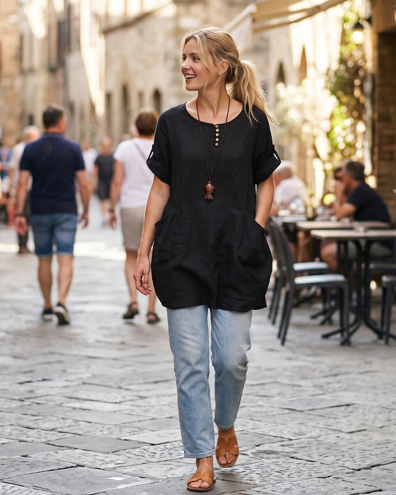 Brielle Women's Linen Blend T-Shirt Dress – Casual Tunic Dress with Large Pockets