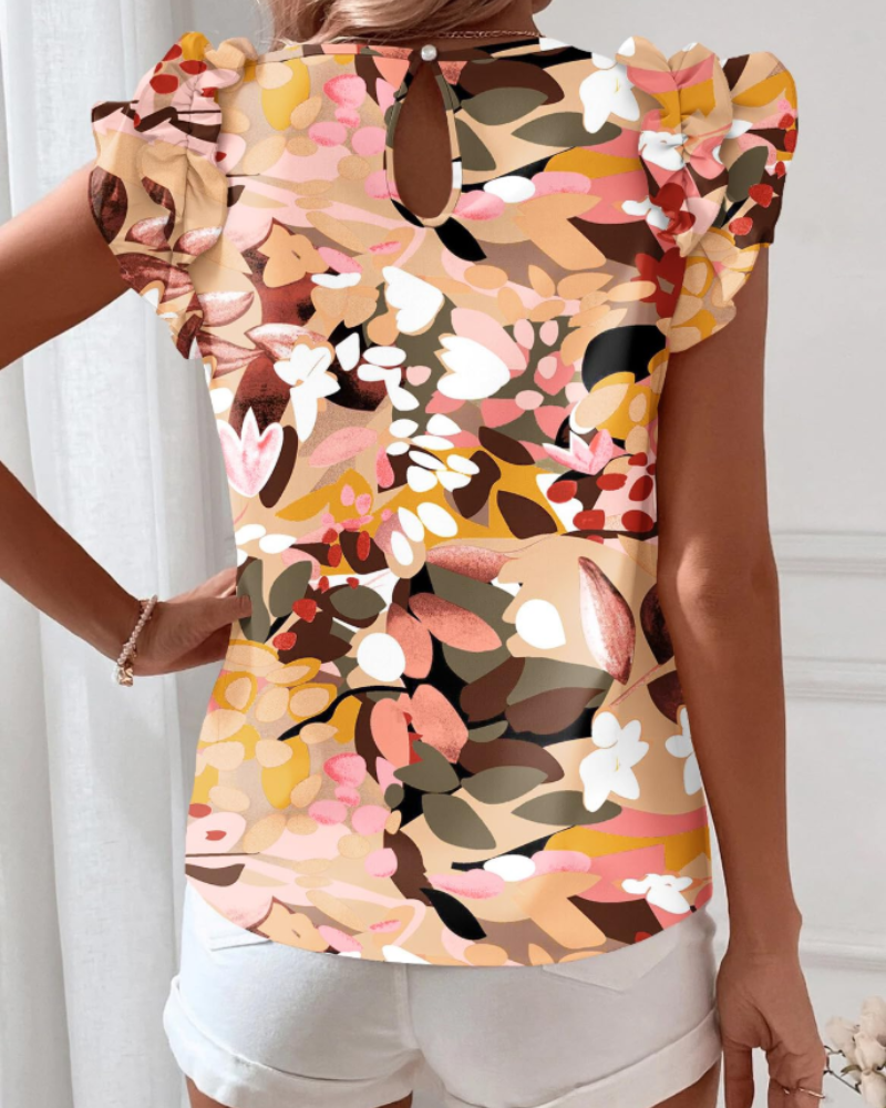 Beatrice Women's Boho Floral Blouse – Short Sleeve Ruffle Top Casual Summer Shirt