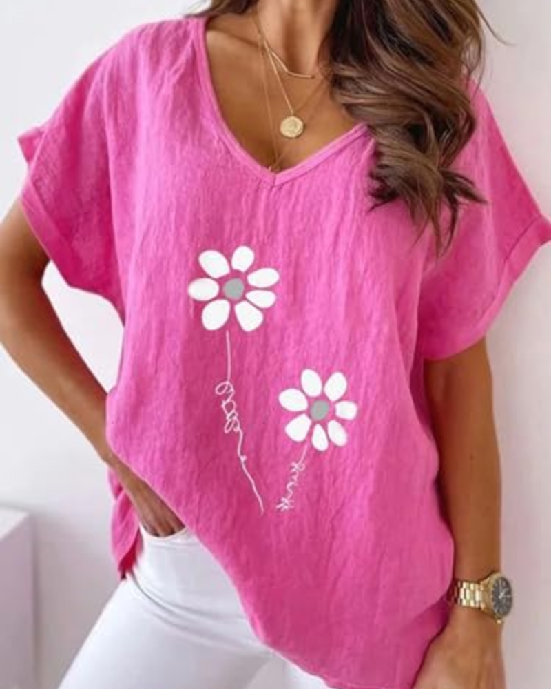 Bellina Women's Daisy Print Blouse – Bright Pink V-Neck Short Sleeve Summer Top