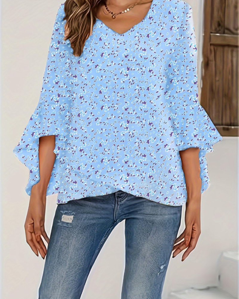 Bertha Women's Floral Blouse – V-Neck 3/4 Bell Sleeve Ruffle Summer Top