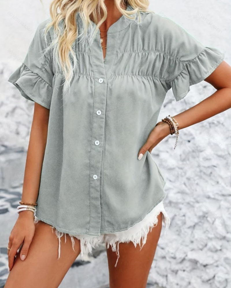 Brianna Women's Ruffle Blouse – Button Front Short Sleeve Work Top Casual Elegant Shirt