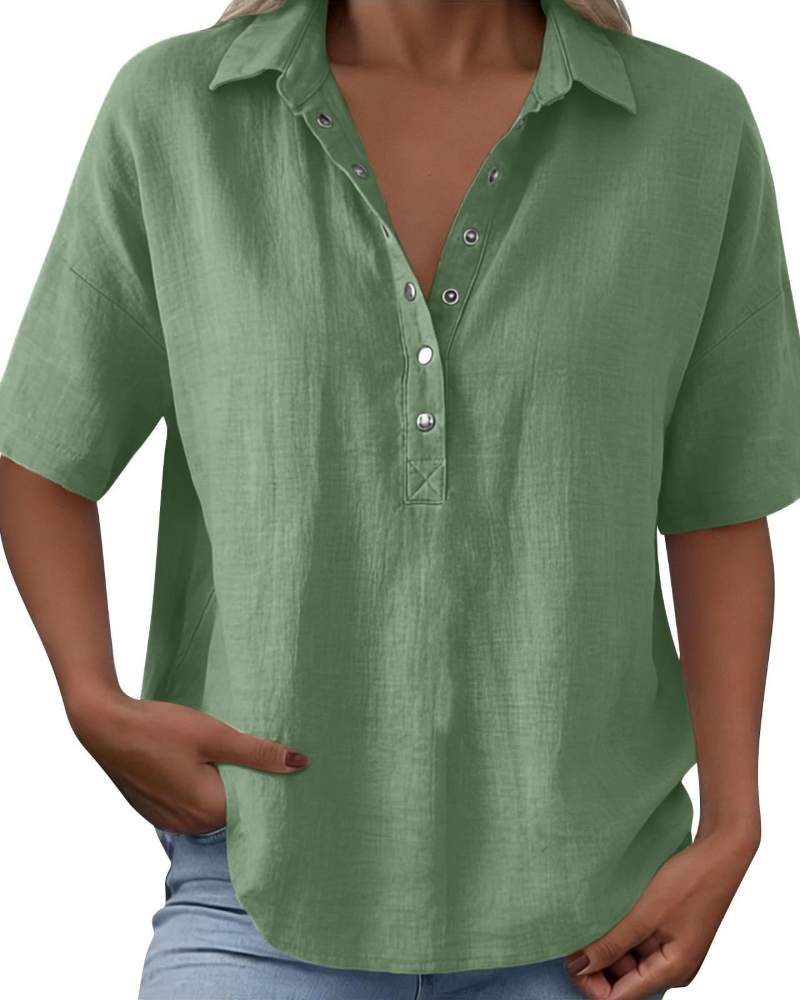 Franca Women's Linen Blouse – Half Sleeve Henley V-Neck Button Summer Shirt
