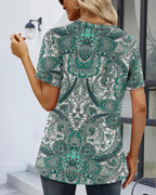 Brinna Women's Knit Tunic Blouse – V-Neck Short Sleeve Button Detail Summer Top