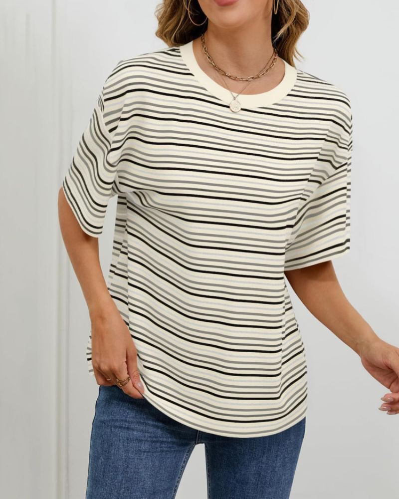 Berenika Women's Striped Blouse – Short Sleeve Round Neck Casual Summer Top