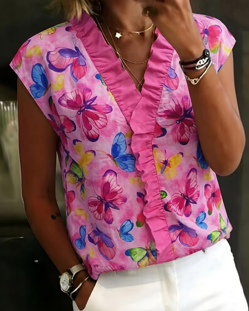 Farren Women's Floral Blouse – Sleeveless V-Neck Ruffle Front Summer Top Loose Fit
