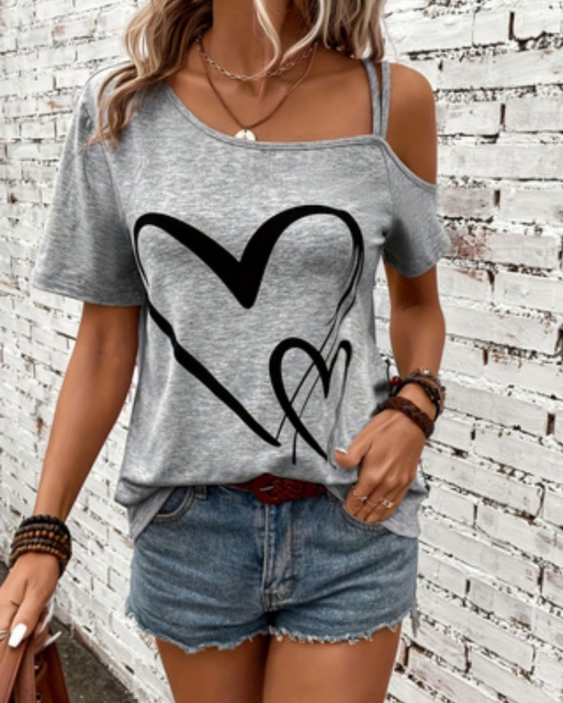 Bailey Women's One-Shoulder Top – Love Print Short Sleeve Casual Summer Blouse