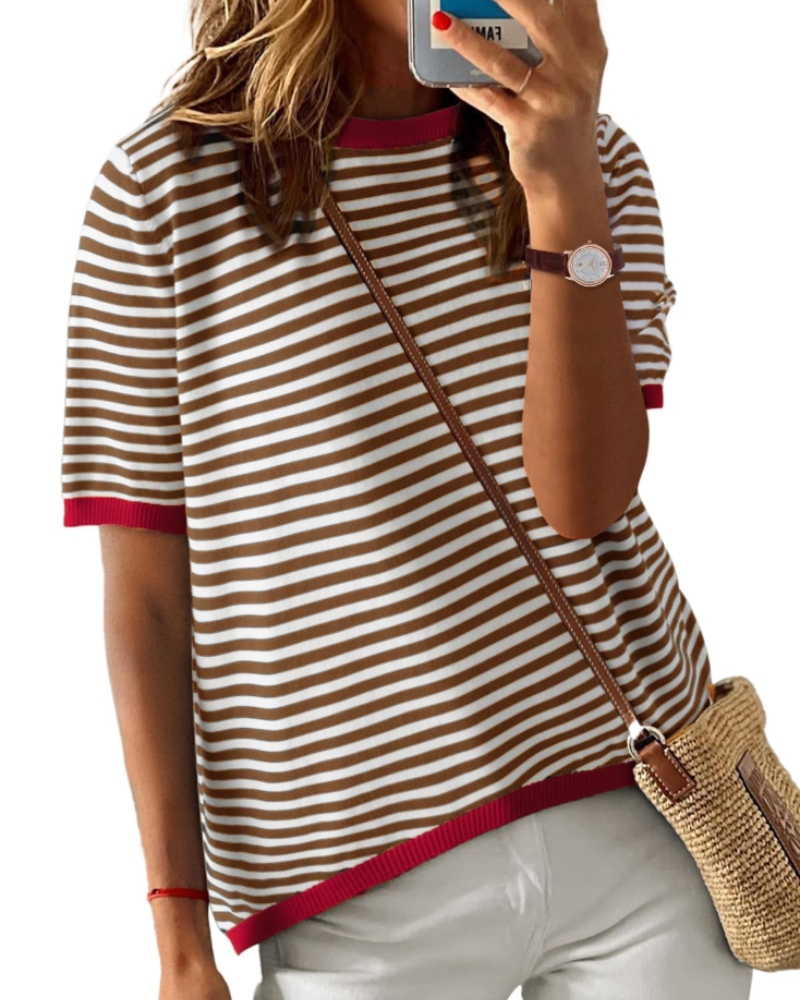Charlotte Women's Striped Knit Top – Loose Fit Short Sleeve Summer T-Shirt