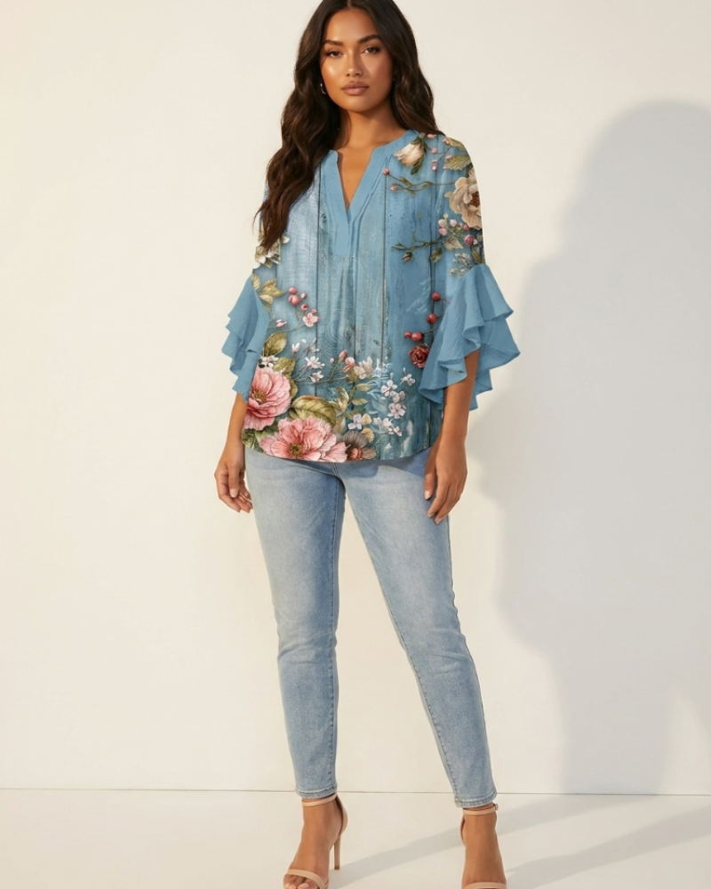 Morag Women's Floral Blouse – V-Neck Flutter Sleeve Smart Casual Top