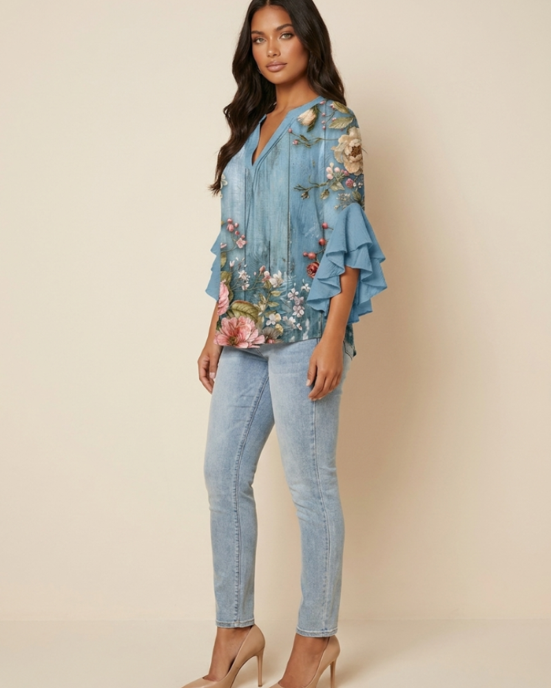 Morag Women's Floral Blouse – V-Neck Flutter Sleeve Smart Casual Top