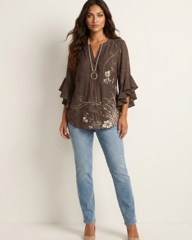 Morag Women's Floral Blouse – V-Neck Flutter Sleeve Smart Casual Top